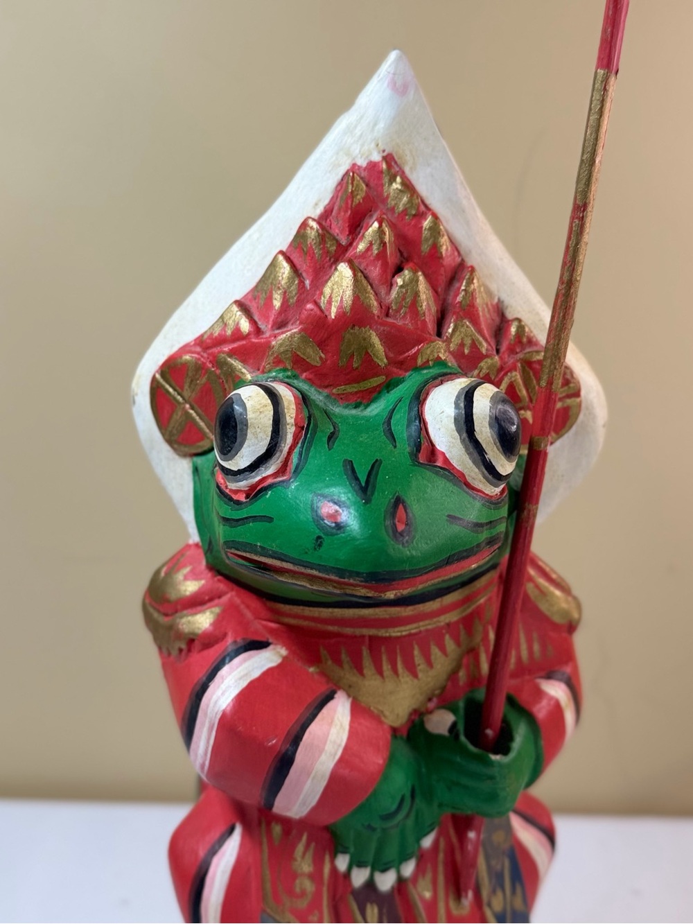 Vintage Indonesian Hand Carved Wood Frog Figurine Umbrella 15” Hand Painted Bali